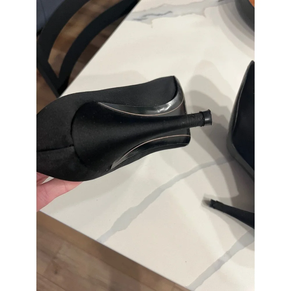 Vintage Salvatore Ferragamo Black Satin Peep Toe Bow Heels Size‎ 8.5 Italy Pumps